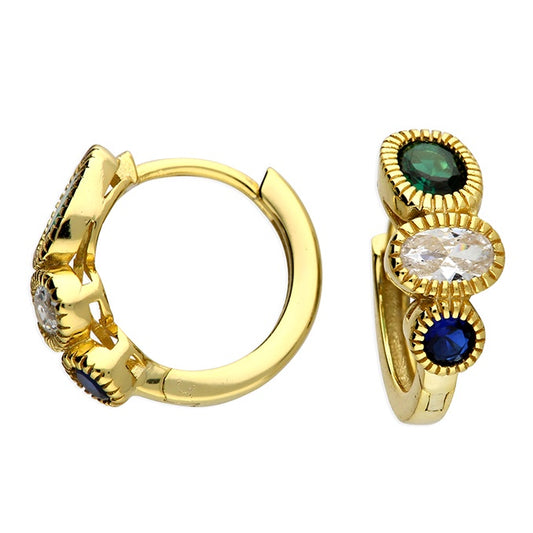 Sterling Silver with Yellow Gold Plate 3 Colour Stone Set Huggie Hoops