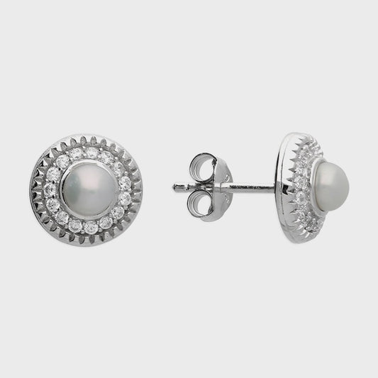 Elegant Central Button Fresh Water Pearl Surrounded by Cubic Zirconia Halo Stud EARRINGS