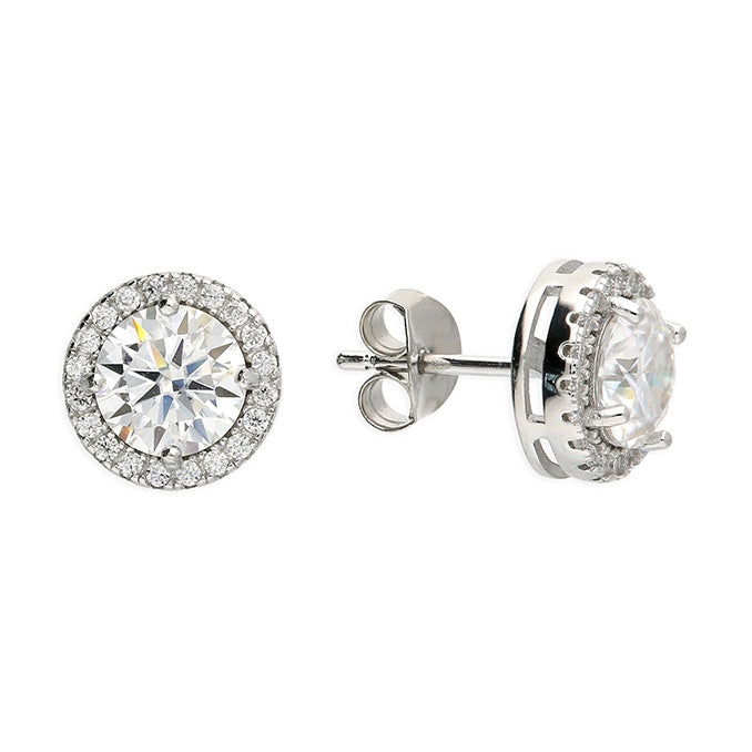 Sterling Silver Rhodium Moissanite Halo Stud Earrings