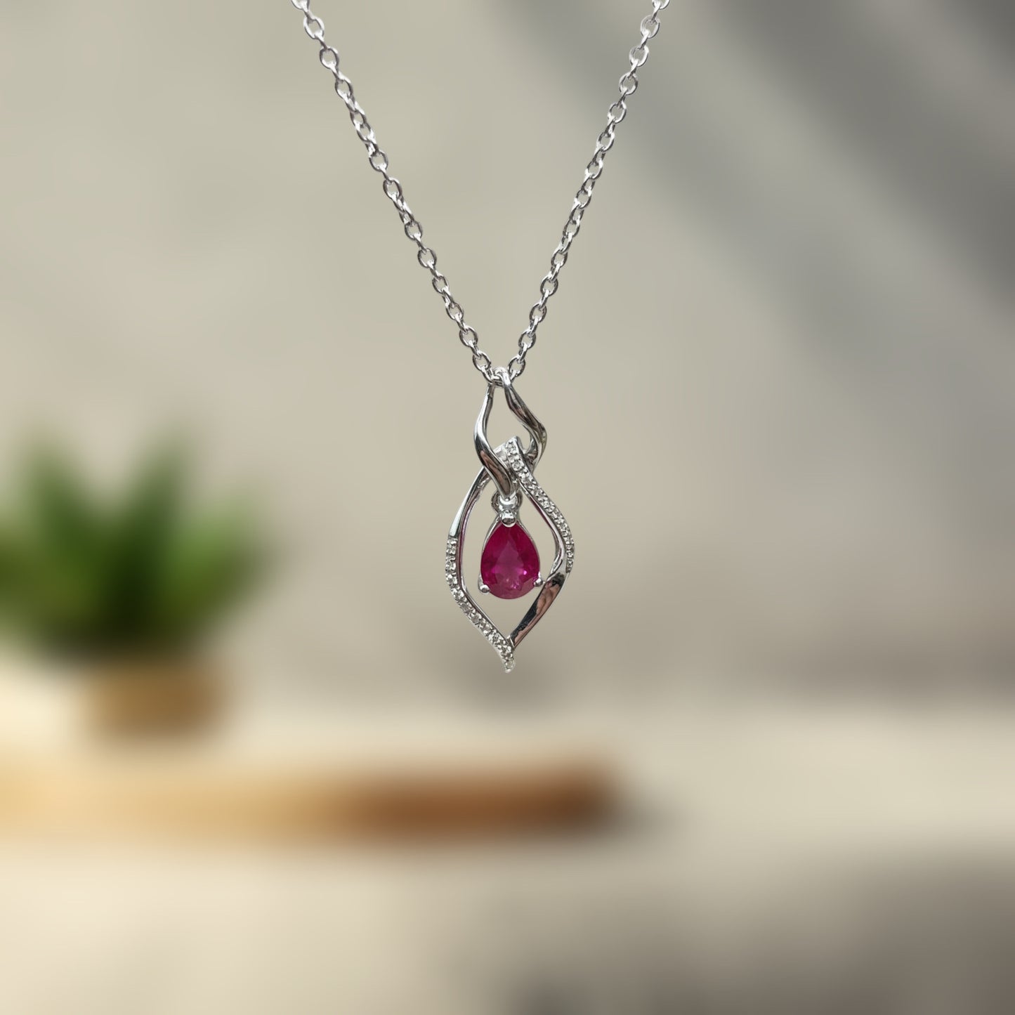9ct White Gold Ruby & Diamond Openwork Necklace