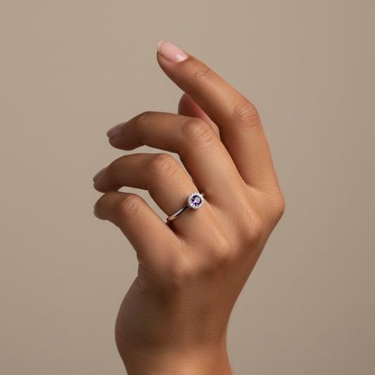 9ct White Gold Amethyst & Diamond cluster Ring Size M