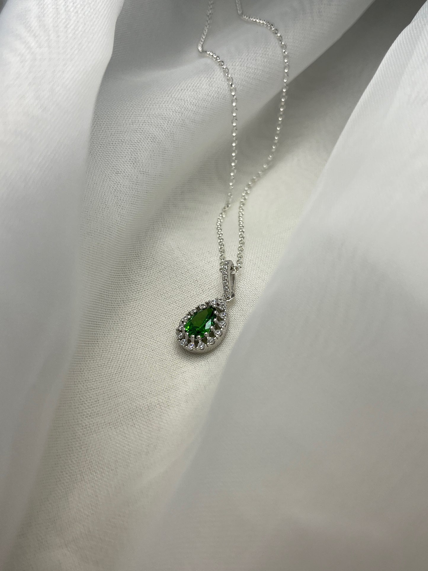 Green Teardrop Necklace With Halo On Diamond Cut Chain