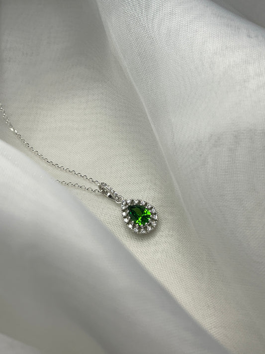 Green Teardrop Necklace With Halo On Diamond Cut Chain