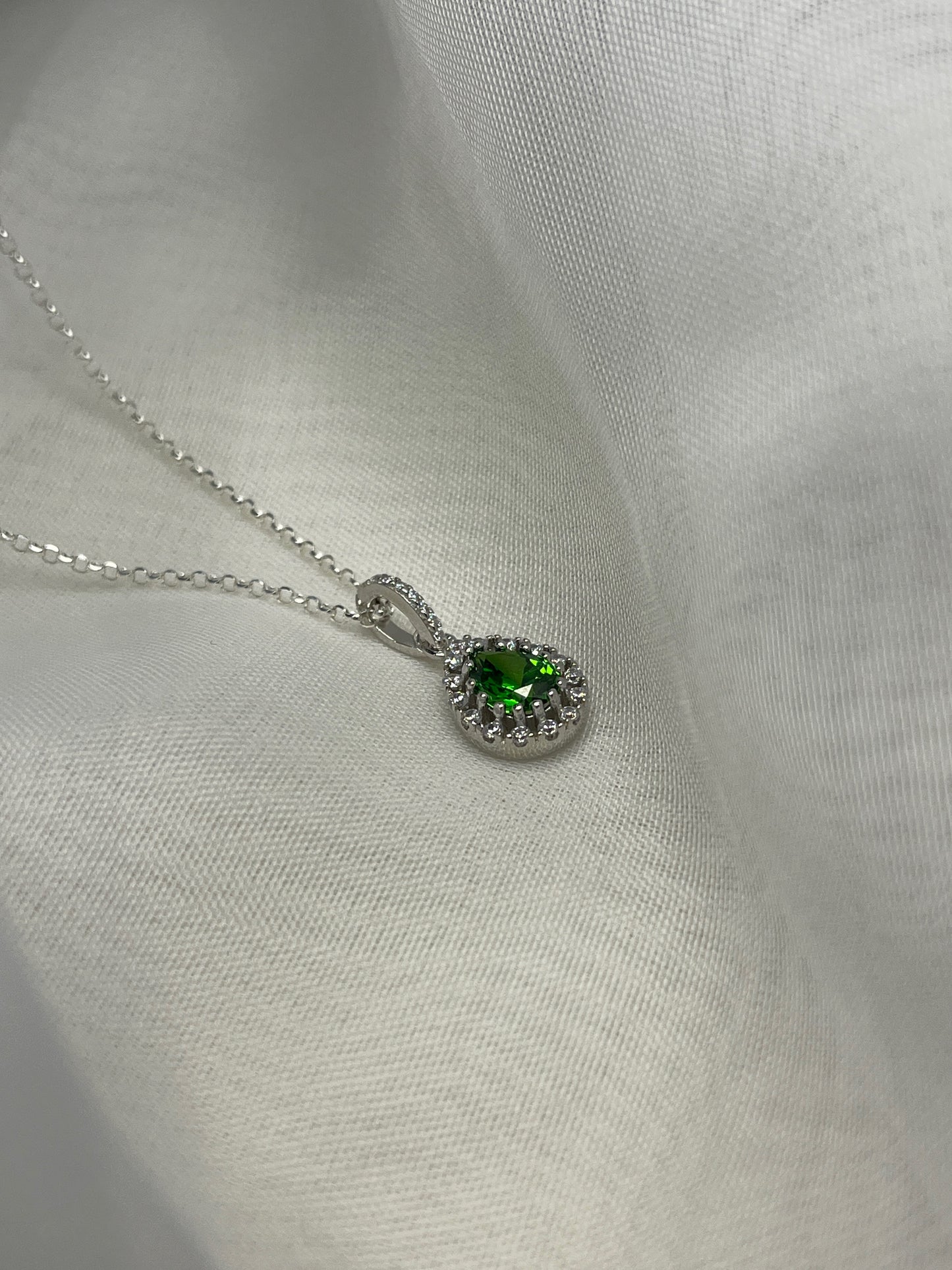 Green Teardrop Necklace With Halo On Diamond Cut Chain