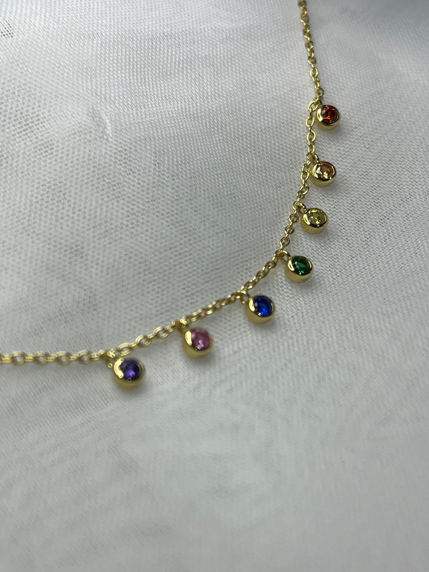 Yellow Gold-Plated Rainbow Rub Over Cubic Zirconia Droplets Necklace