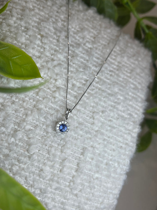 9ct White Gold Tanzanite Diamond Halo Necklace on Box Chain
