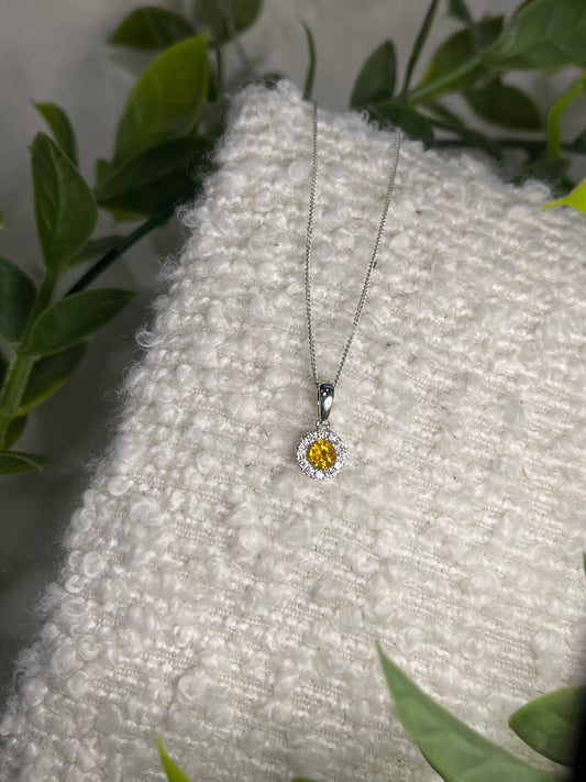 9ct White Gold Citrine and Diamond Cluster Necklace