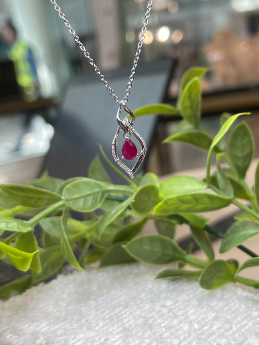 9ct White Gold Ruby & Diamond Openwork Necklace