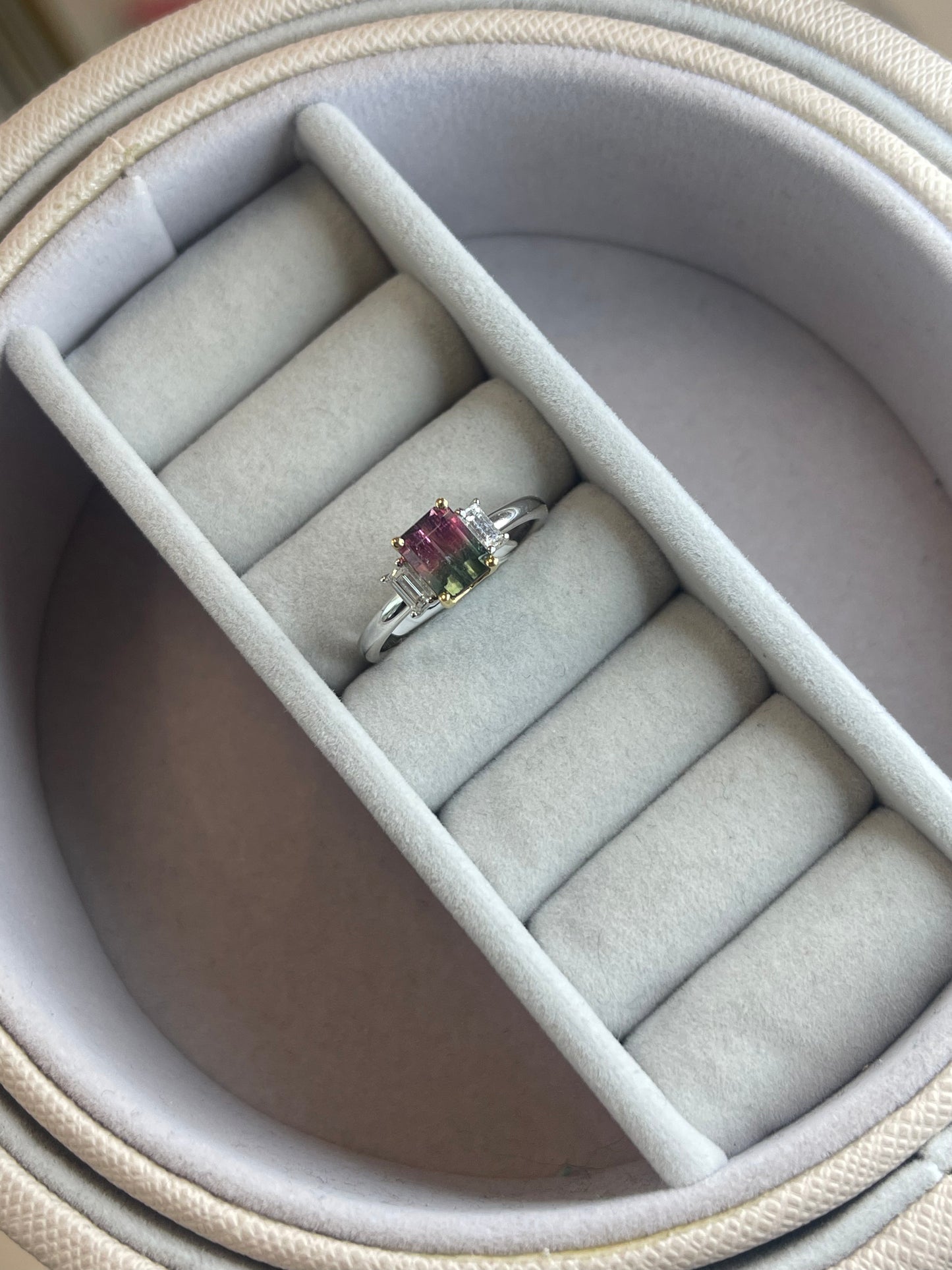 Watermelon Tourmaline ring - Octagon Bi Colour Tourmaline with baguette diamond sides Size M