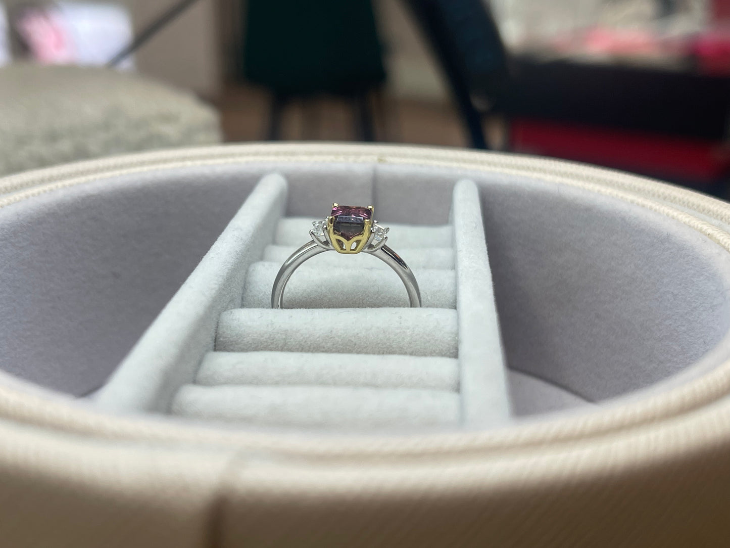 Watermelon Tourmaline ring - Octagon Bi Colour Tourmaline with baguette diamond sides Size M