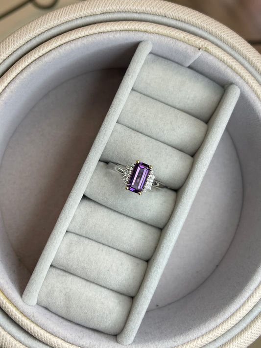 Long Octagon Amethyst Ring Claw Set Centre with Pave Step Diamond Shoulders