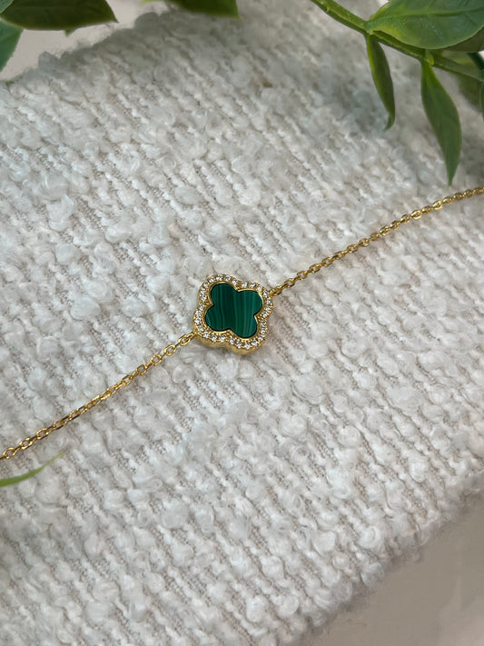 Gold Plated Clover Malachite and White CZ Adjustable Bracelet
