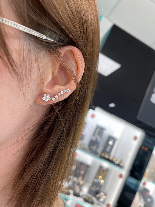 Rhodium Plated Flower Comet Crawler Earrings