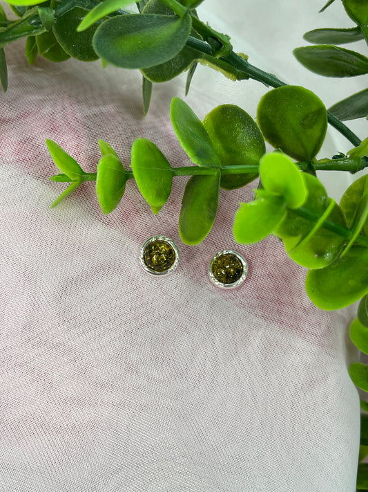 Green Amber Round stud earrings