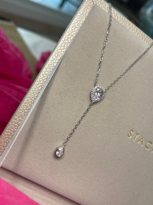 Sterling Silver Rhodium Plated White CZ Teardrop Adjustable Lariat Necklace 38cm/15"-43cm/17"
