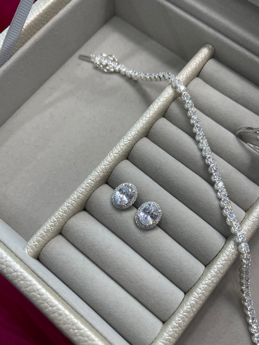 Sterling Silver Oval Halo Studs with CZ