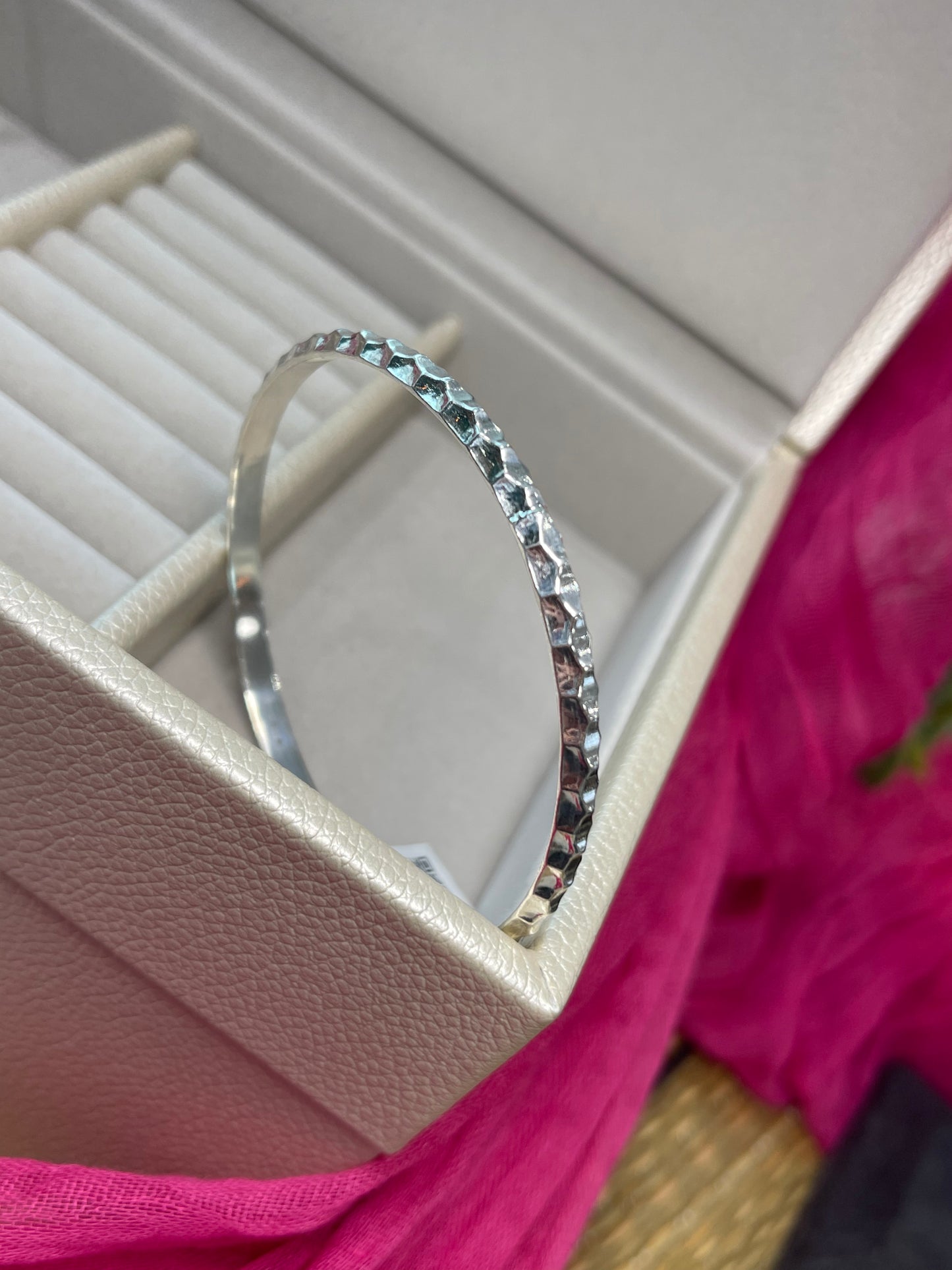 Silver 5mm D Shaped Bangle With Raised Honeycomb Pattern