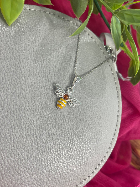 Yellow Enamel and Amber Bee pendant on 18 Inch Chain