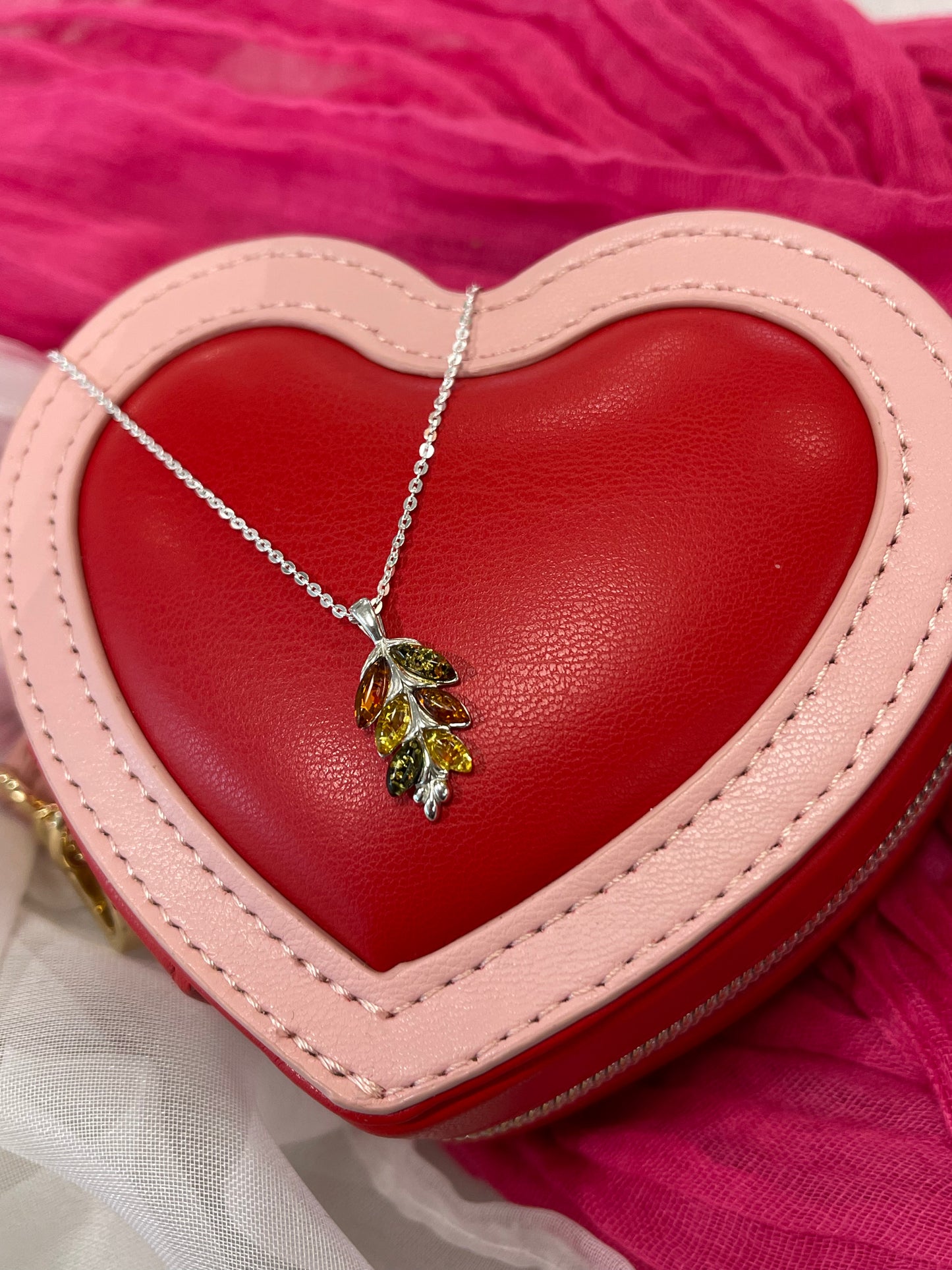 Amber Leaf Necklace On Diamond Cut Trace Chain
