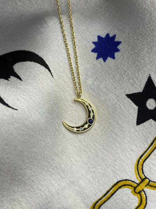 Sterling Silver 18ct gold plated moon necklace with lapis lazuli