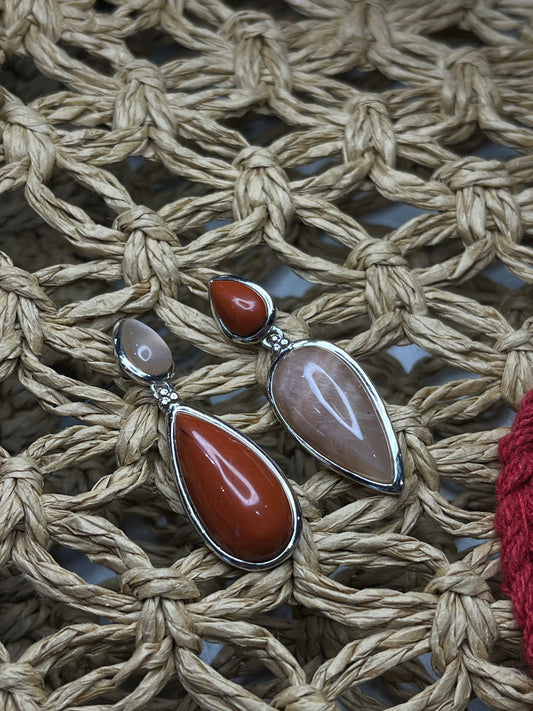 Statement Orange Moonstone and Jasper Assymetric Silver Drop Earrings.
