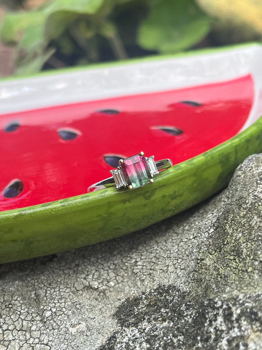 Watermelon Tourmaline ring - Octagon Bi Colour Tourmaline with baguette diamond sides