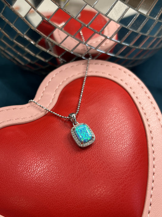 Synthetic Turquoise Opal and White CZ Halo Necklace