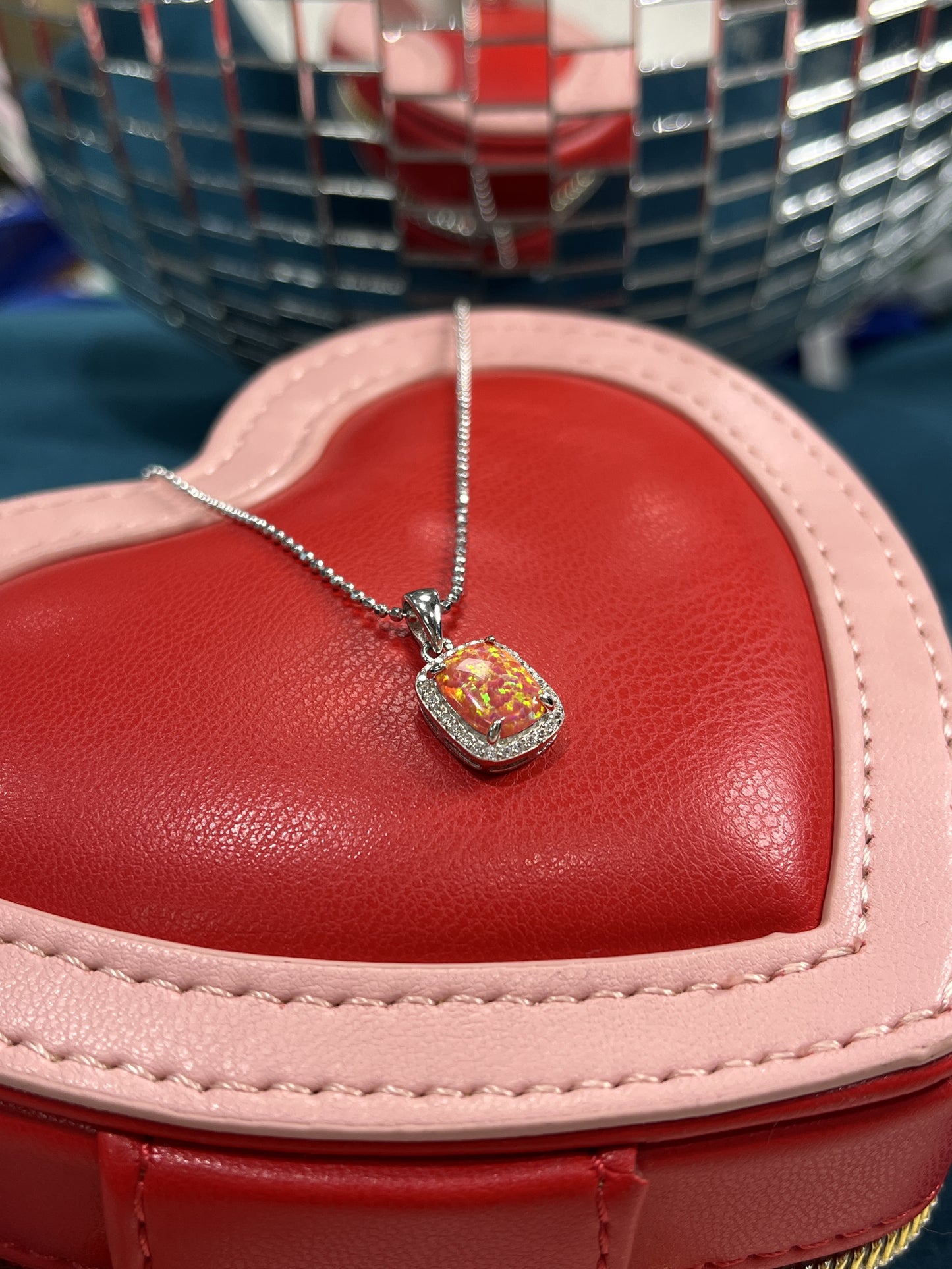 Synthetic Orange Opal and White CZ Halo Necklace