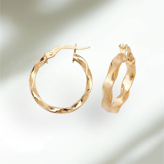 9CT YEL GOLD  15MM HOOP EARRINGS WITH MATT TWIST