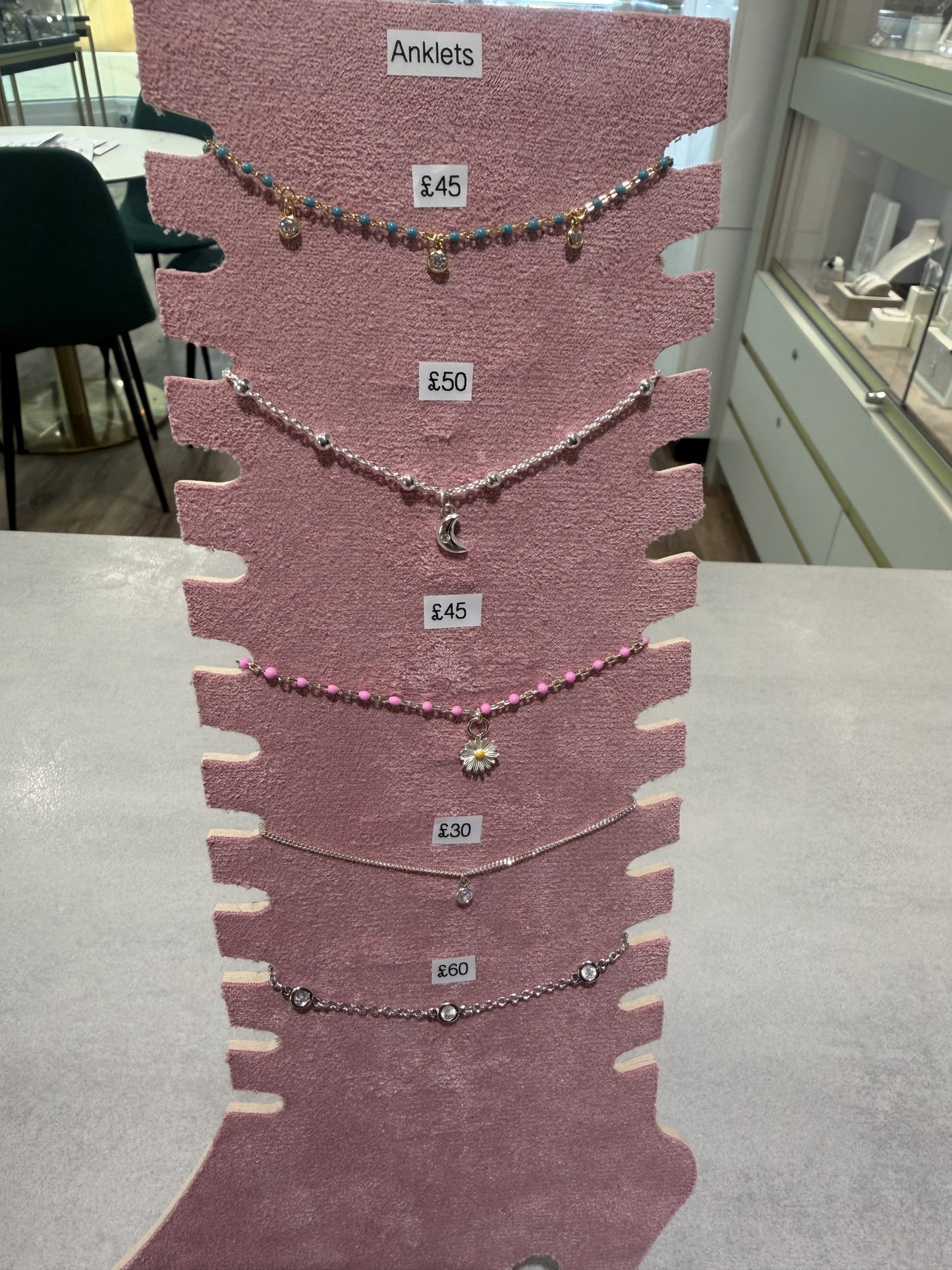 Bead & Rolo Chain Anklet With Silver Moon Charm