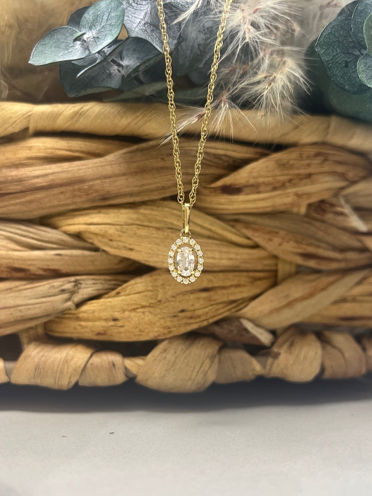 Oval Halo Cubic Zirconia 9ct Gold Necklace