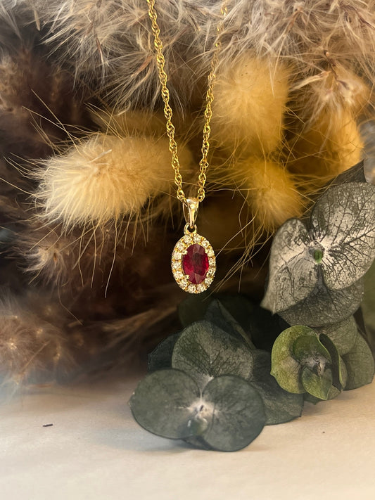 Ruby & Diamond Halo Necklace 9ct Gold