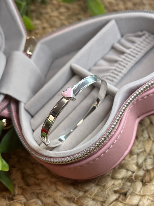 Expanding Sterling Silver Baby Bangle with Pink Enamel Heart