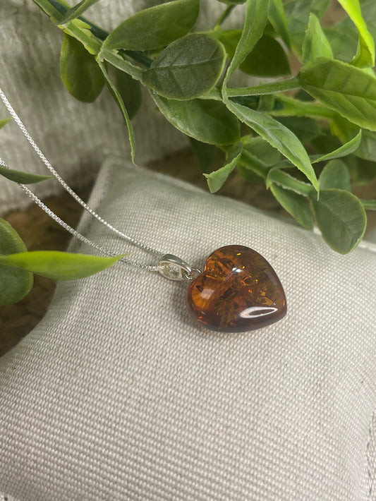 Amber heart pendant on box chain