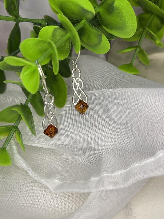 Baltic Amber Celtic Knot Drop Earrings