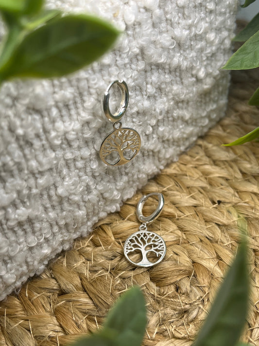 Sterling Silver Earring 12mm Huggie Hoop with a Tree of Life Charm