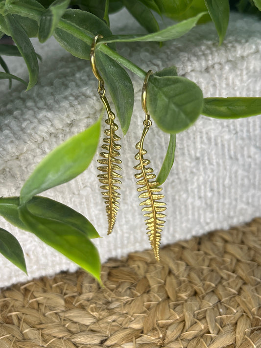 Gold Plated Woodland Fern Drop Earrings