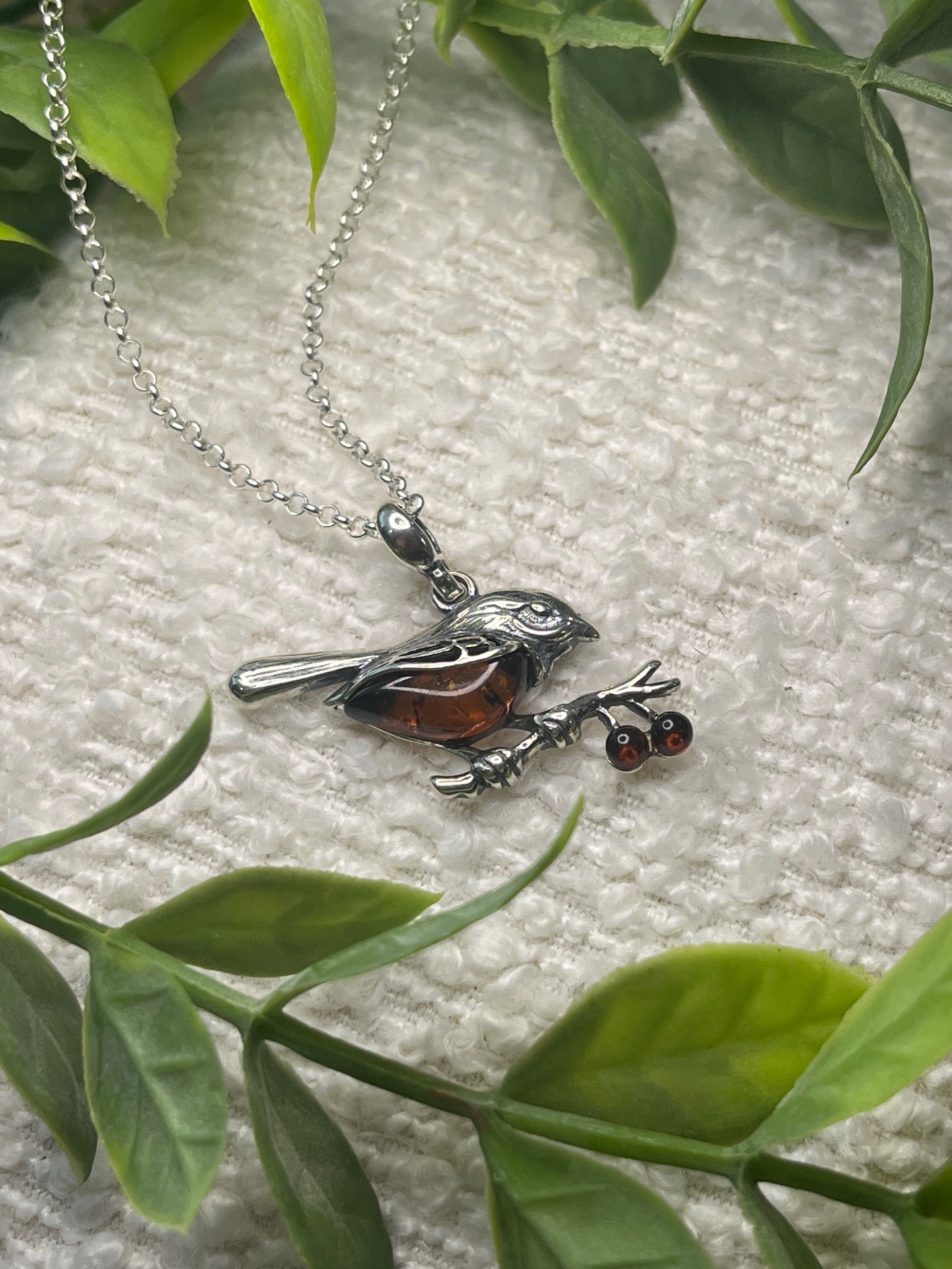 Amber Robin Bird  necklace