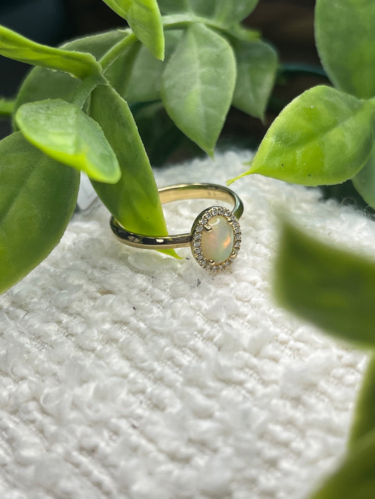 Oval Opal Ring with Diamond Halo Yellow Gold size M