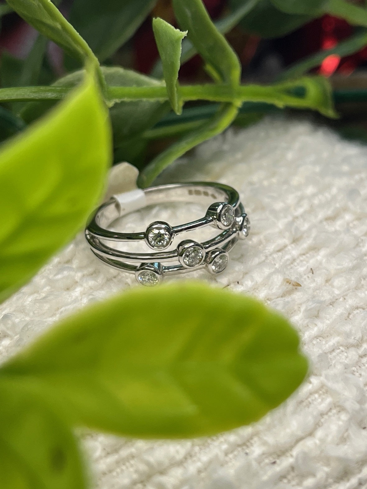 Three row bezel diamond setting 18K White Gold ring Size M