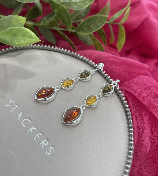 Three drop amber earrings, orange, green and yellow amber