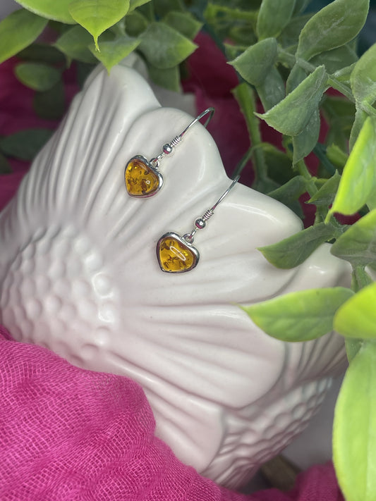 Amber drop heart shaped earrings on fish hook