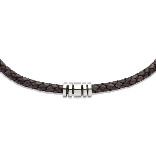 Antique Black Leather Necklace with Steel Elements 50cm