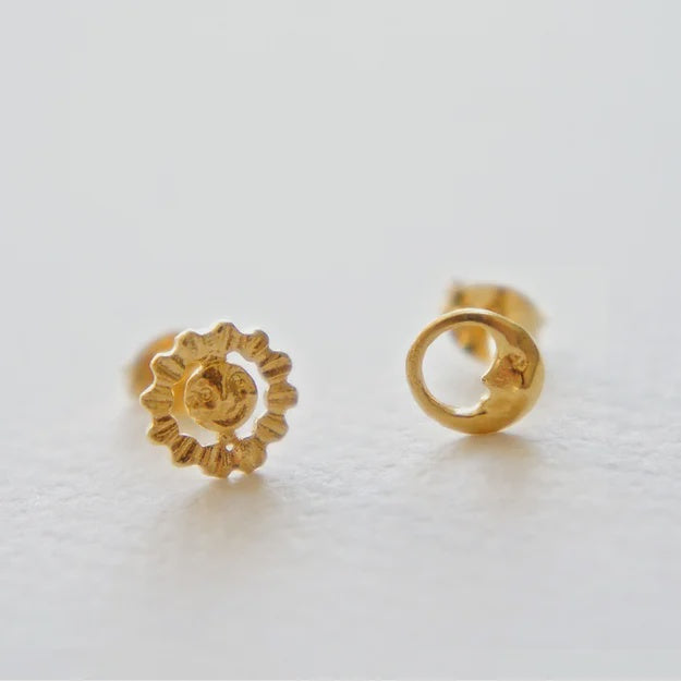 Sun & Moon Tiny Stud Earrings, Gold Plated