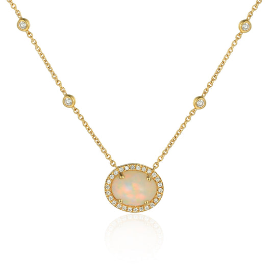 Oval Opal Across Necklace with Diamond Cluster and Rubover Diamonds on chain