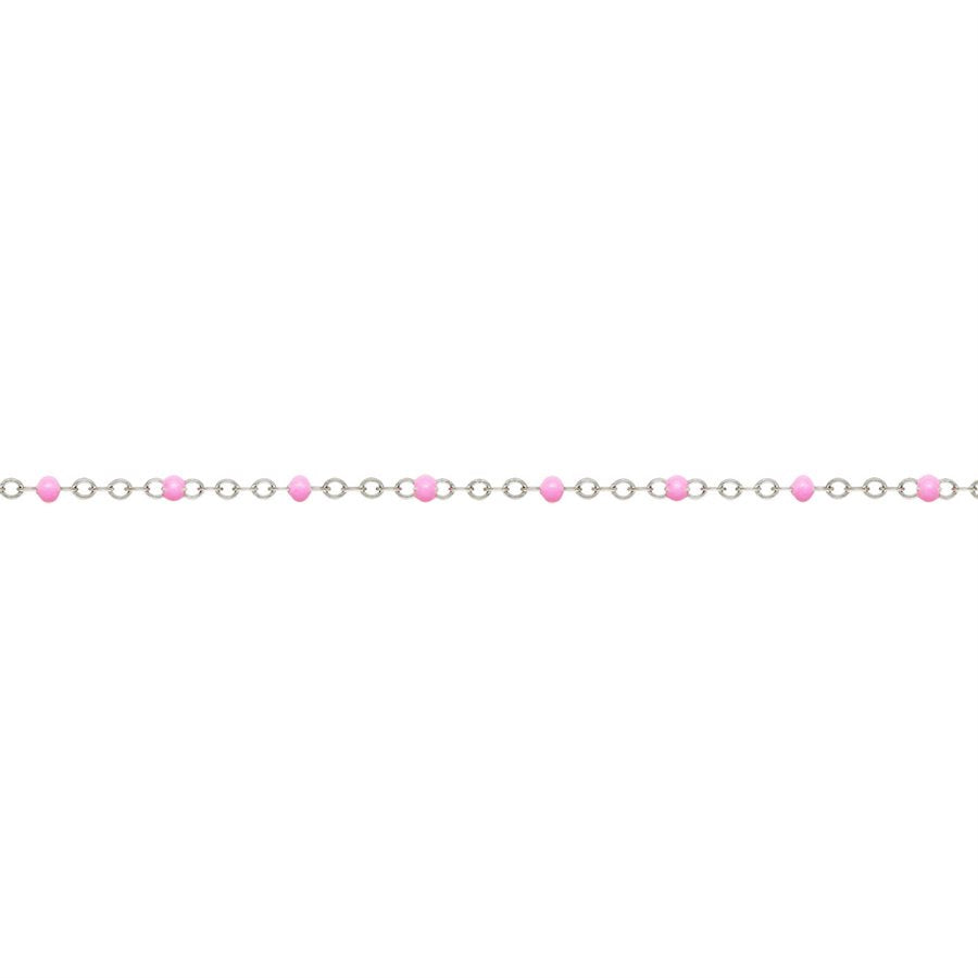 925 Sterling Silver 1.7mm Flat Cable Chain With Pink Epoxy Beads 21 cm