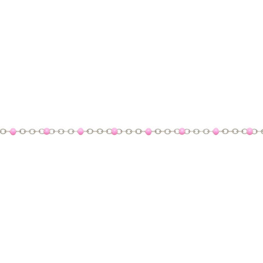 925 Sterling Silver 1.7mm Flat Cable Chain With Pink Epoxy Beads 21 cm