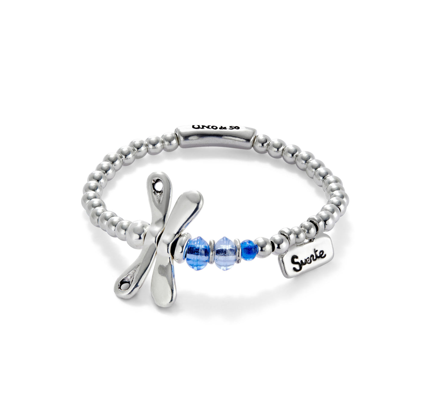 Elastic bracelet with sterling silver plated dragonfly with blue crystals