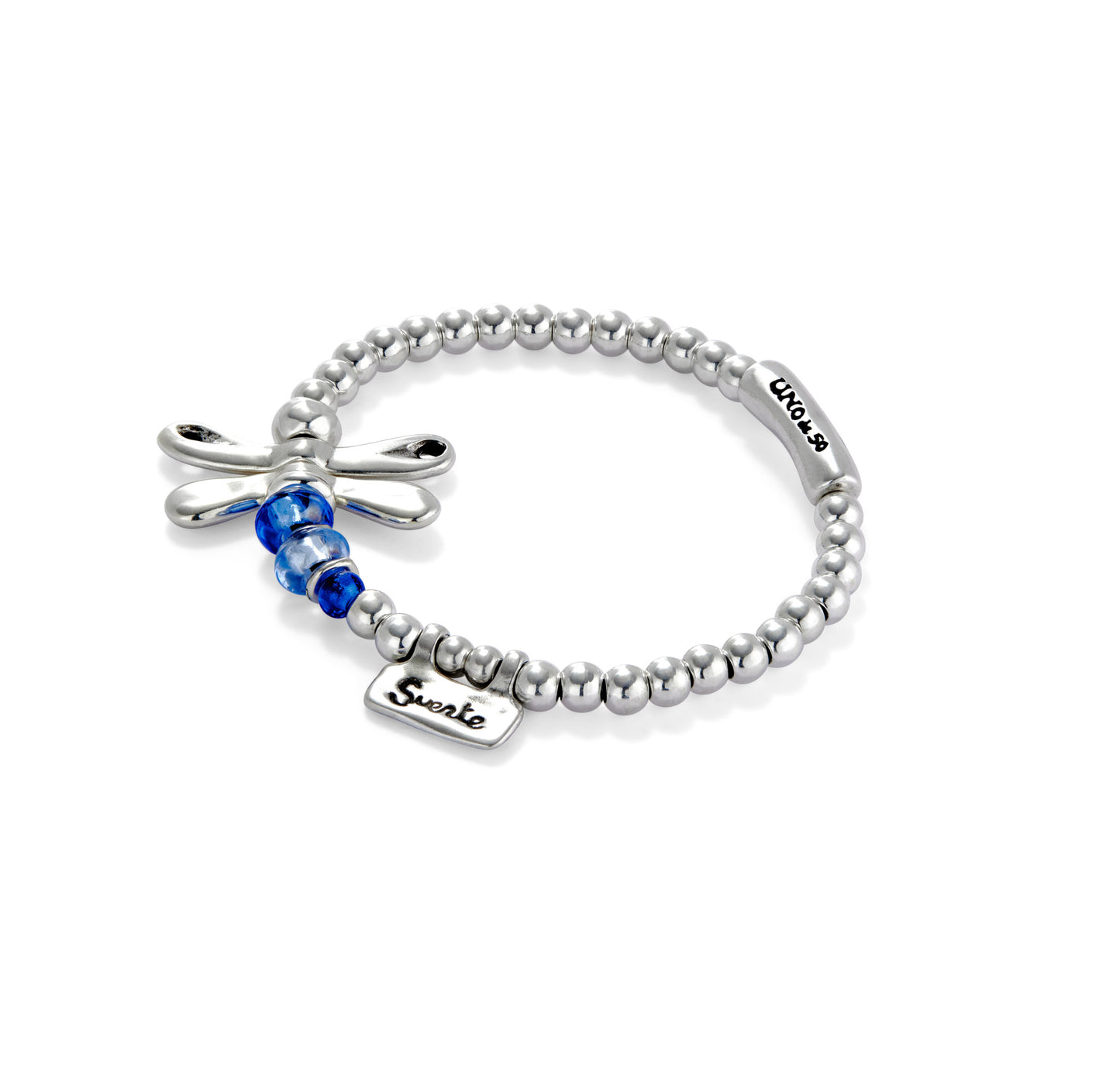 Elastic bracelet with sterling silver plated dragonfly with blue crystals