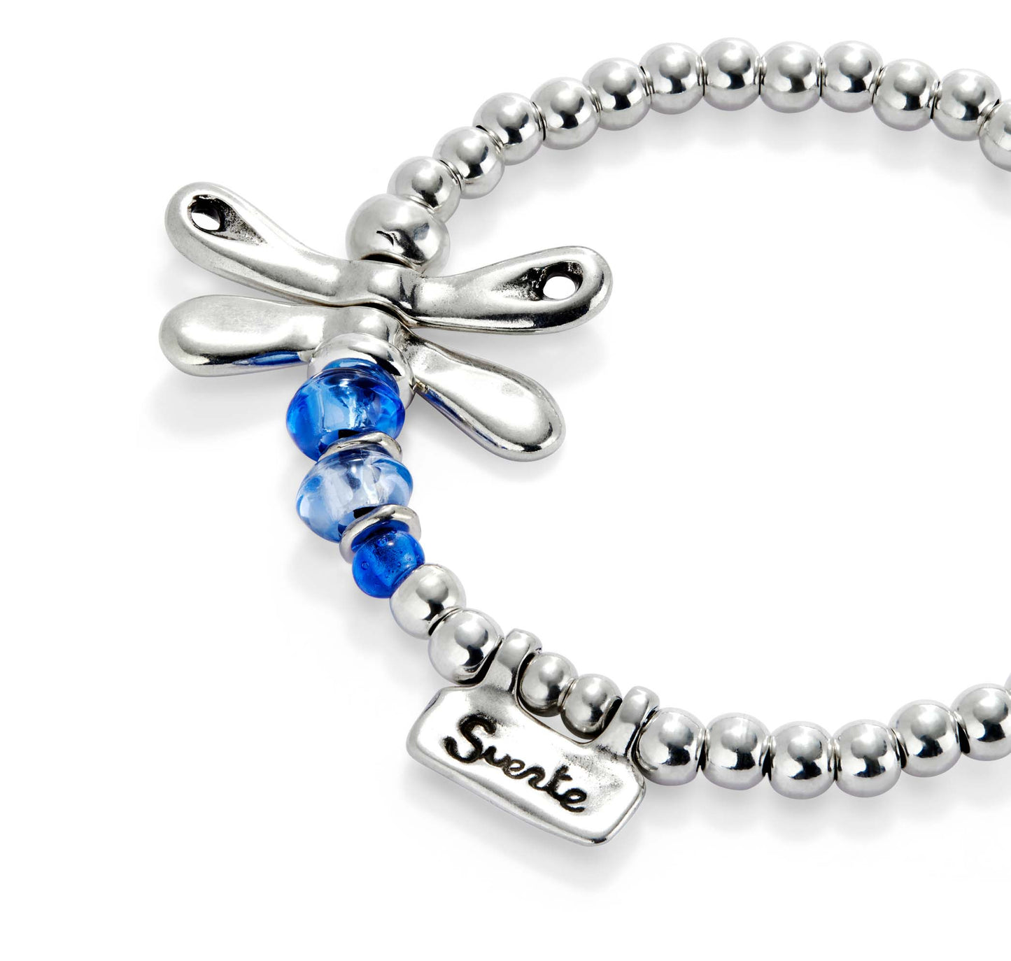 Elastic bracelet with sterling silver plated dragonfly with blue crystals